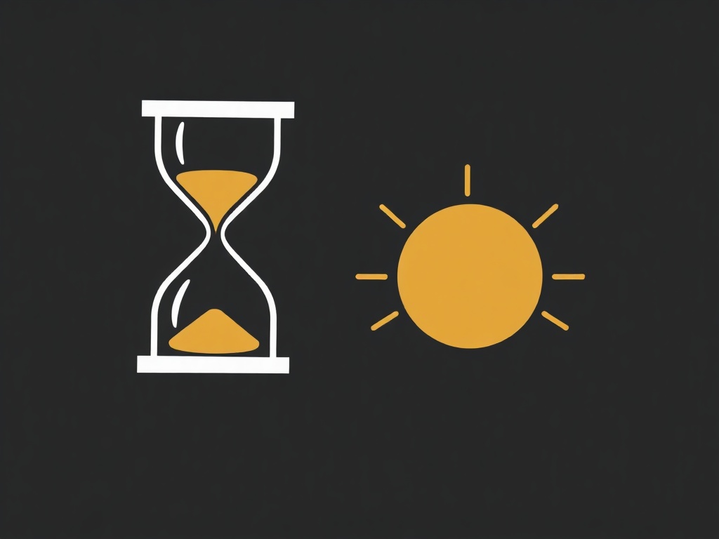Minimalist abstract icon combining an hourglass and a rising sun, clean lines, gold and white on dark background, vector style, 8k photorealistic